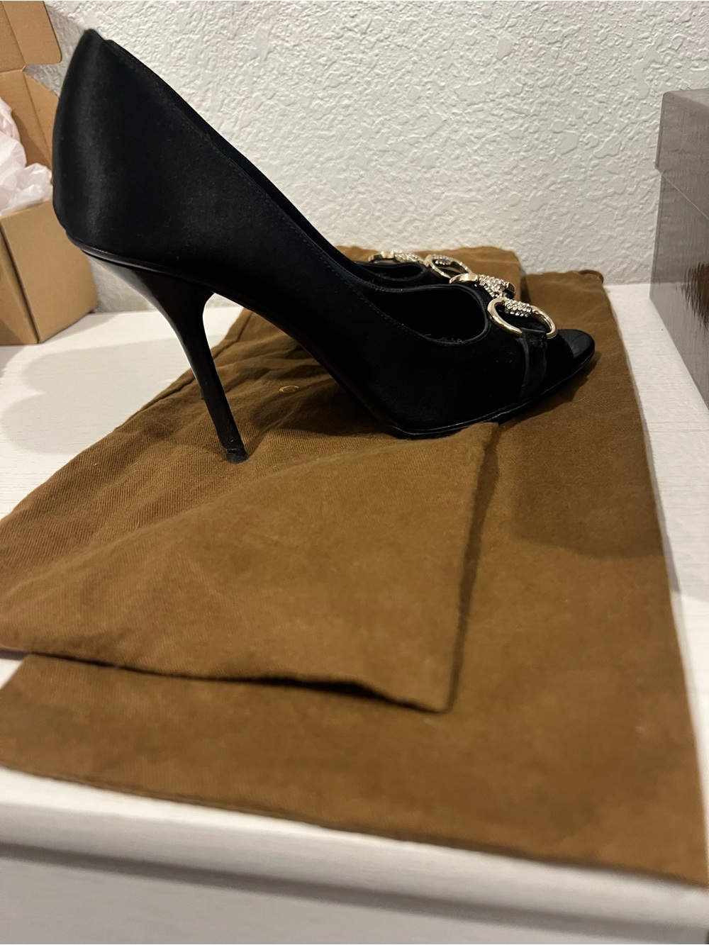 Gucci Black Satin Peep-Toe Heels with Gold Crystal Horsebit - Picture 4 of 8